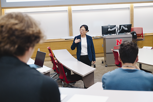 Lin teaches in a class in Hawks Hall.